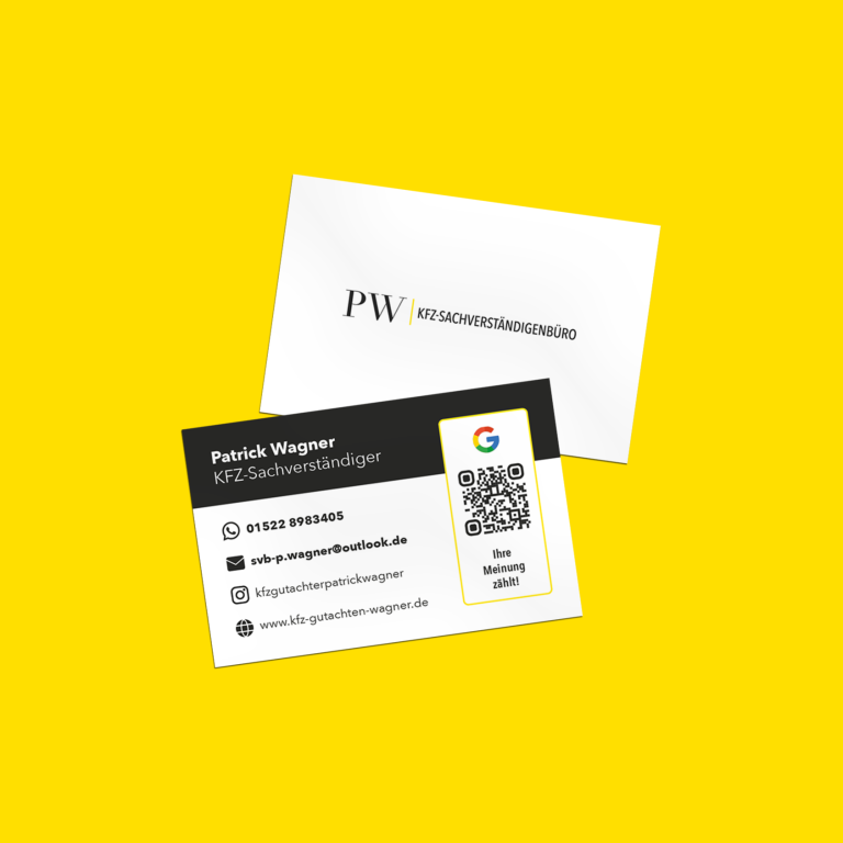 Visitenkarte auf gelbem Hintergrund mit Kontaktinformationen und QR-Code.